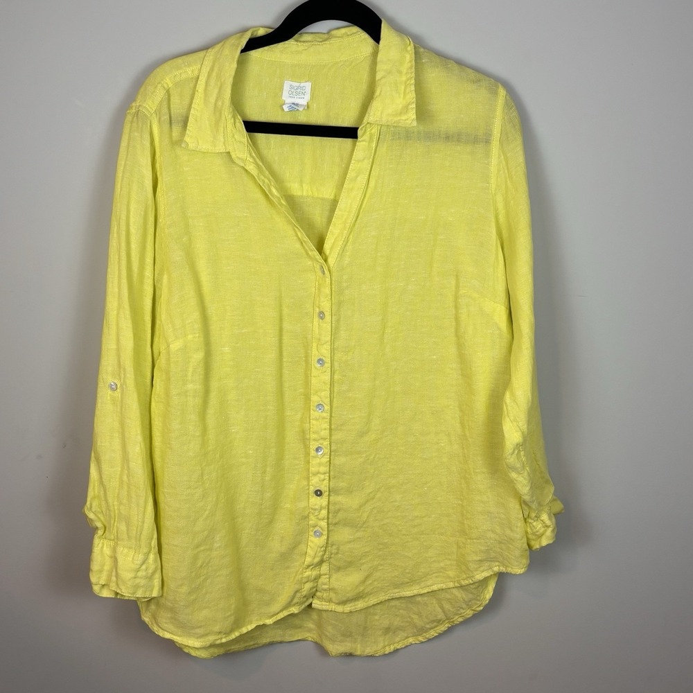 Sigrid Olsen Women's Bright Yellow 100% Linen Button Up Top 1X‎ Summer Colorful